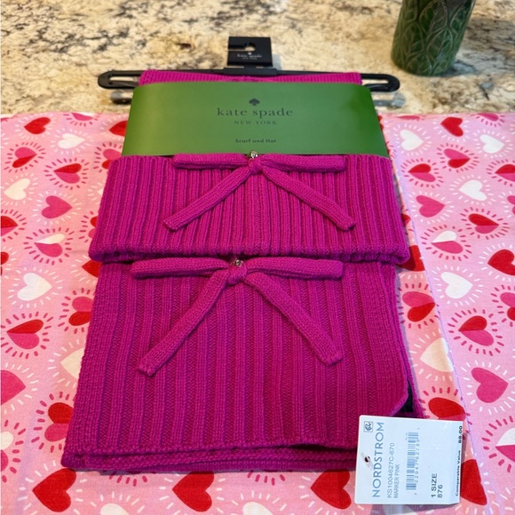 kate spade Accessories - NEW kate spade new york Jeweled Bow Knit Beanie & Scarf Set In Marker Pink